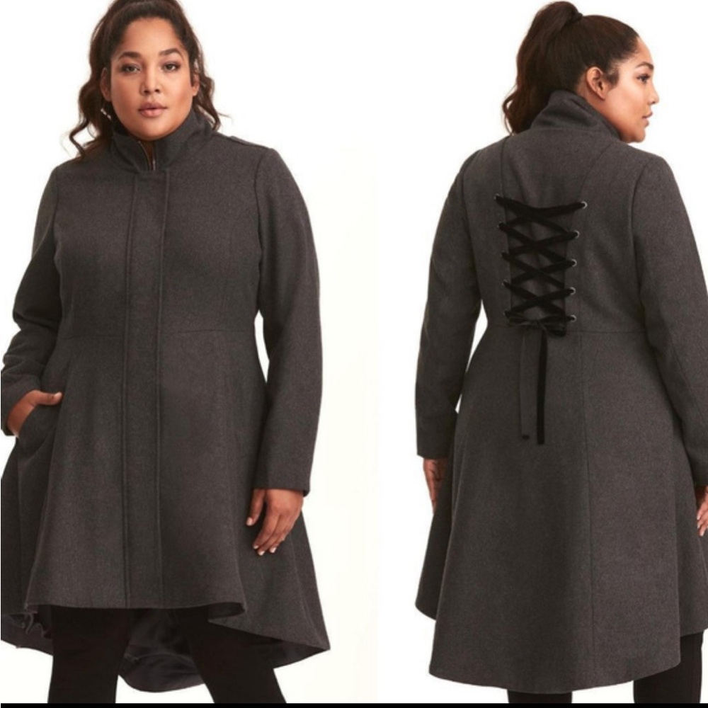 NWOT New Torrid grey corset back lace up peplum zip up & button up coat